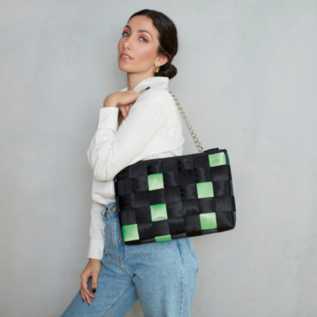 Upcycled Black and green patty chain bag by Belo