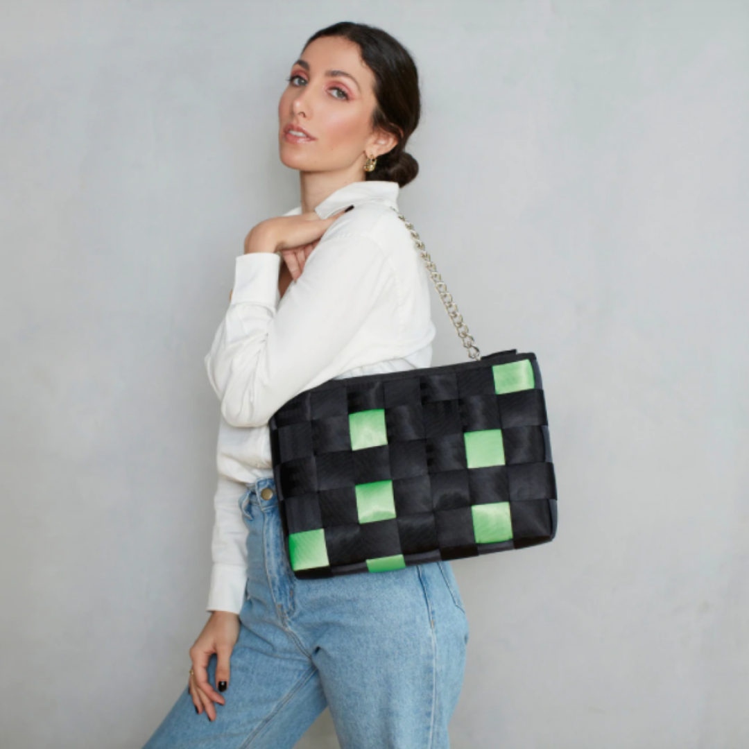 Upcycled Black and green patty chain bag by Belo