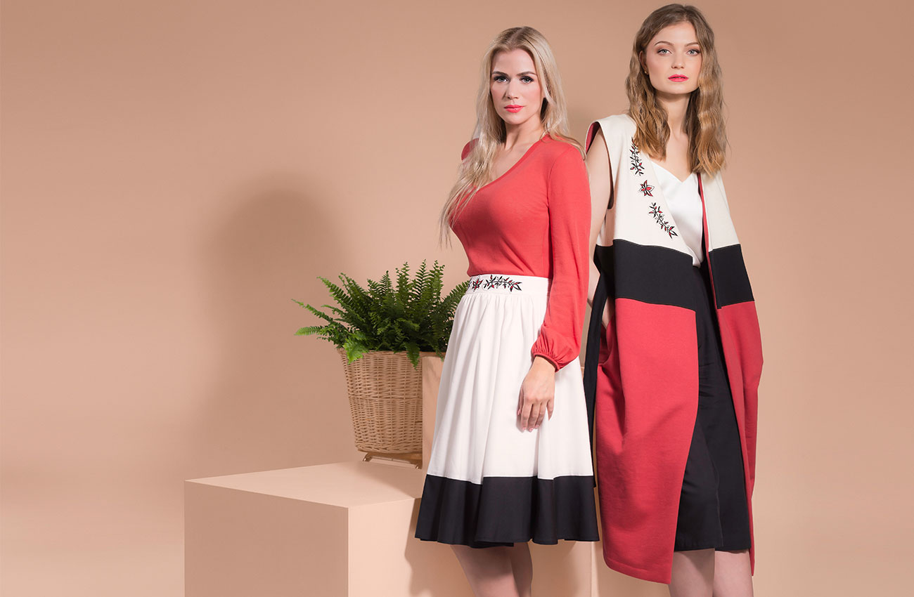 Ethical Brand Directory Blog | KiRiVOO Brand Founder Interview | KiRiVOO models in Embroidered Simone Skirt and Sleeveless Coat