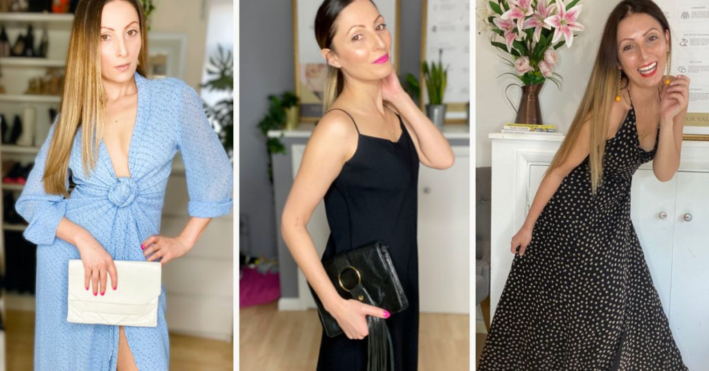 Ethical Brand Directory Blog | Building A Sustainable Summer Wardrobe | Roberta Lee wearing pre-loved blue maxi dress. Roberta Lee wearing pre-loved black maxi dress and pre-loved black clutch bag. Roberta Lee wearing pre-loved poka-dot maxi dress