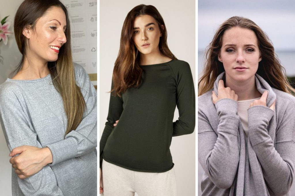 Ethical Brand Directory Blog | Stylists Picks: Spring Wardrobe Essentials| Flock by Nature | Roberta Lee wearing the Eloise Merino Jumper in grey by Flock by Nature. Model wearing Phoebe Merion Raglan top by Flock by Nature. Model wearing the Kate Merino cardigan by Flock by Nature.