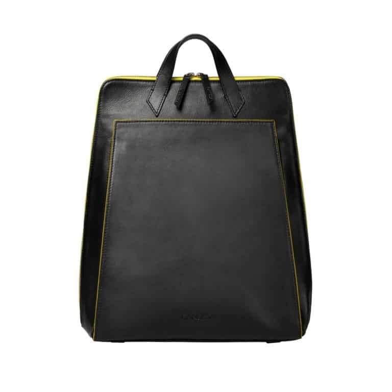 Ethical Brand Directory_Listing_CANUSSA_Product Image_ Vegan Black Leather with Yellow Trim Commuter Laptop Backpack Rucksack