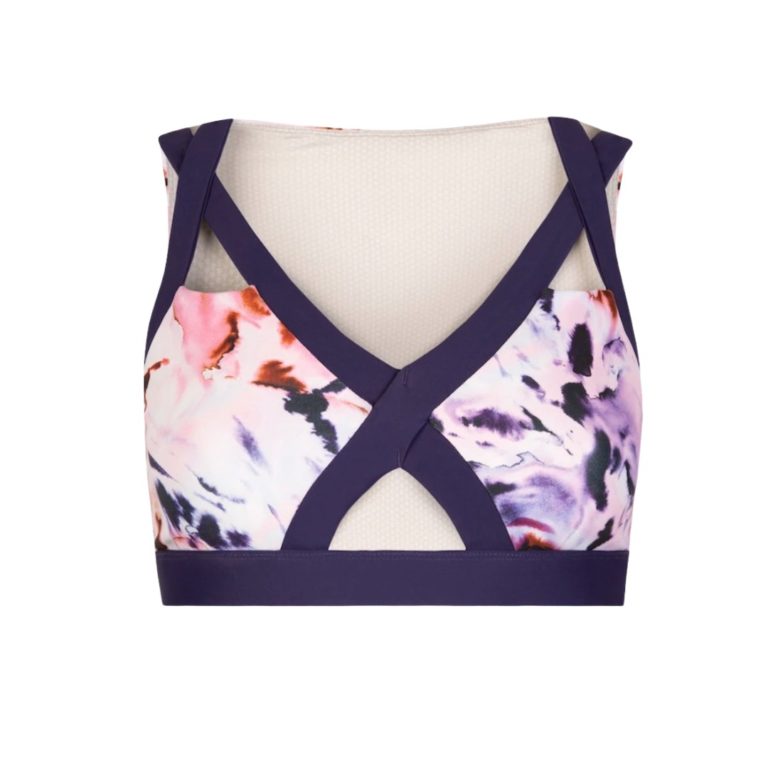 Ethical Brand Directory _ IG Product Image _ Ginger Bees Sustainable Activewear, Yoga & Workout Clothes _ Sustainable Purple & floral Bright Fun Sports Yoga Bra Top