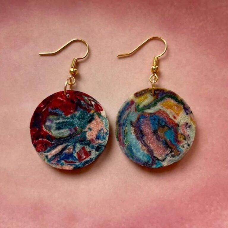 Ethical Brand Directory _ Re-Considered Upcycled Clothing _ Product Image_ colourful dangly earrings