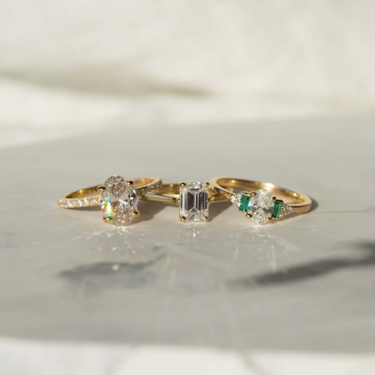 Ethical Logo | Lab-grown ethical diamonds | sustainable engagement rings and wedding bands | Green stones gold band