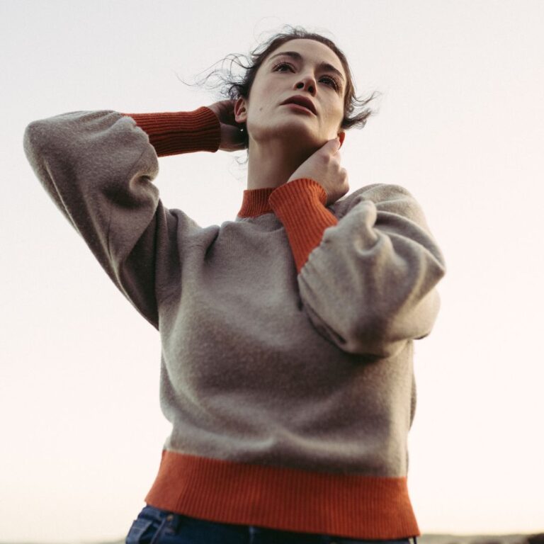 Ethical Brand Directory _ Product Image _ Beira, Brown and orange trim sustainable jumper