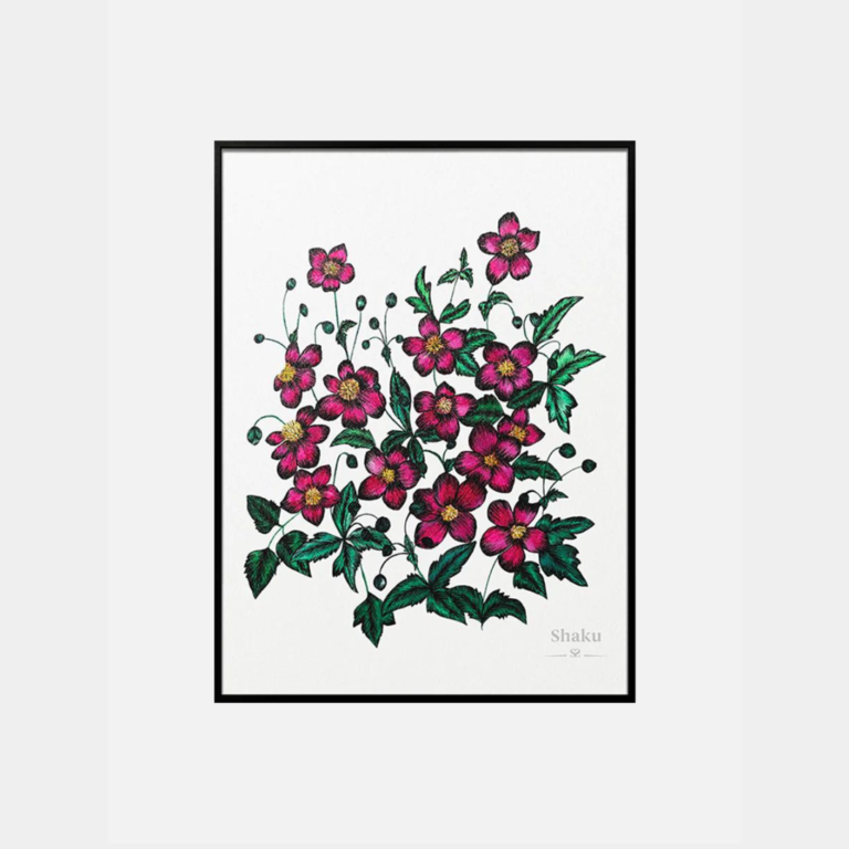 Shaku _ PRODUCT IMAGE _ Wall Art _ Pink Flowers with Green Leaves