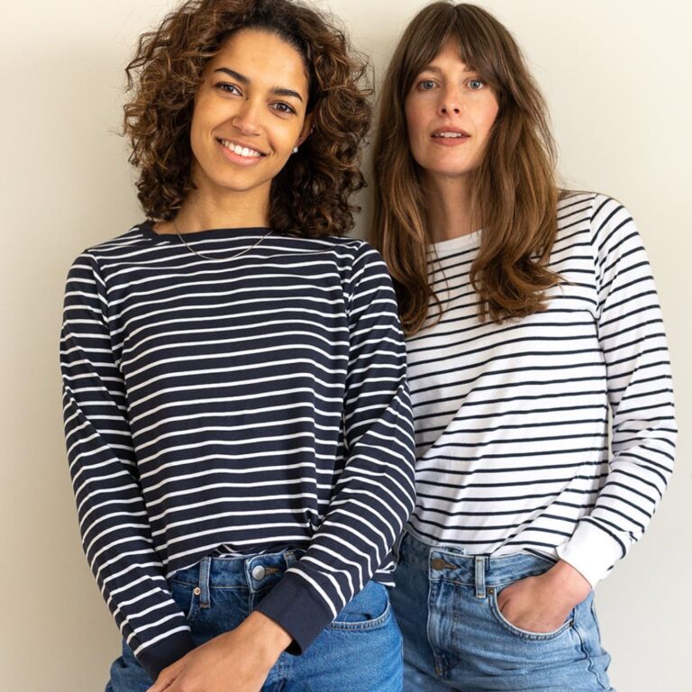 Sustainable T-Shirts For Women, Blue and white Breton Stripe