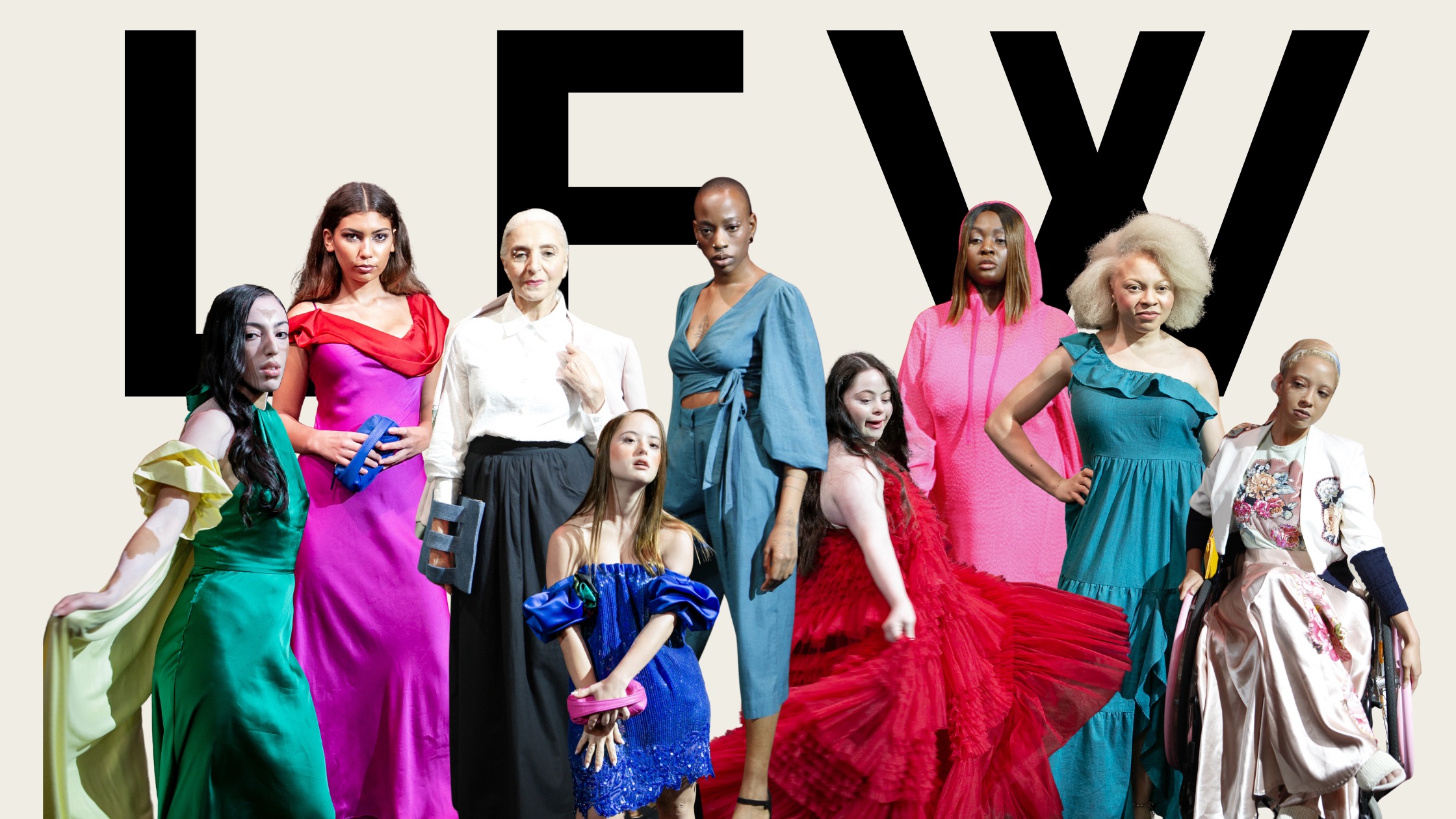 EBD models at London Fashion Week, including Ellie Goldstein in red